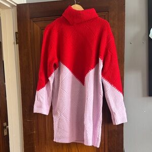 Colorblock Turtleneck Sweater Dress in Red and Light Pink